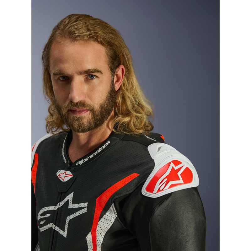 Jednodílná kožená kombinéza na motorku Alpinestars GP TECH V5 černo-bílo-fluo červená