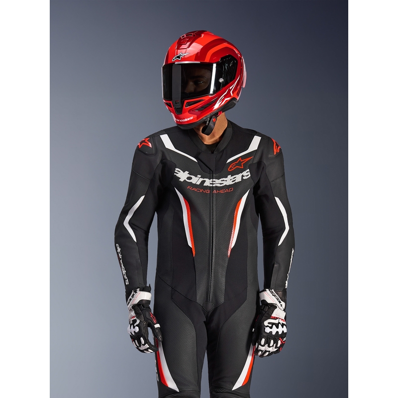Alpinestars GP FORCE V2 egyrészes motoros bőroverál fekete-fehér-fluo piros