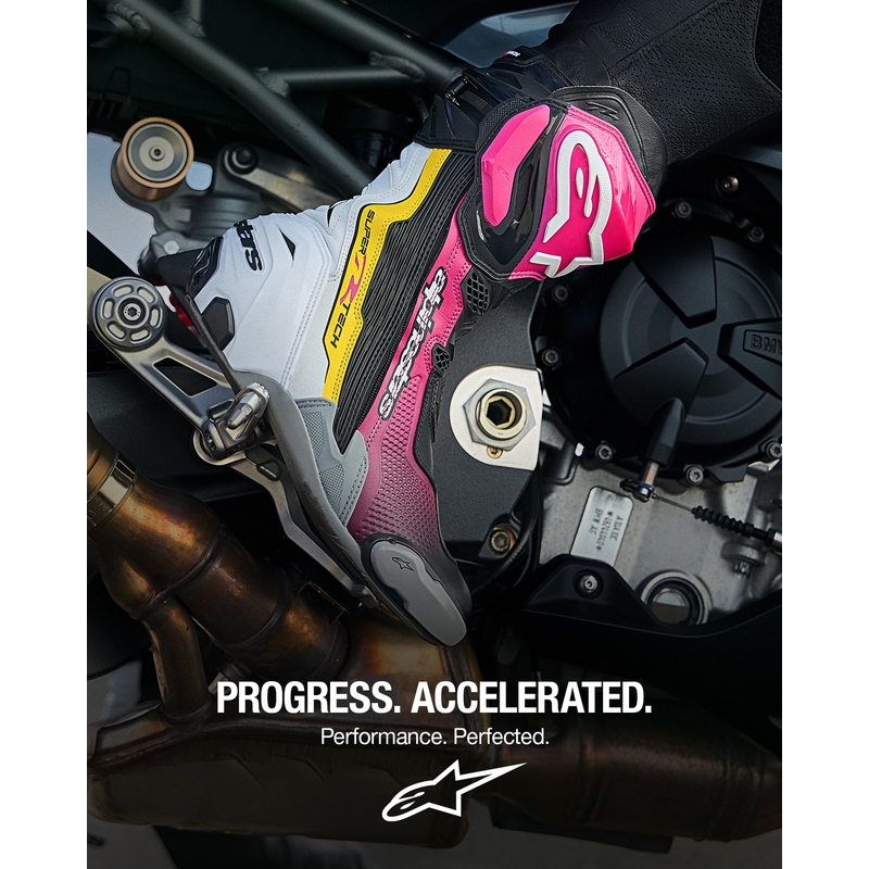 Alpinestars Supertech R motoros csizma fekete-fehér-rózsaszín-sárga