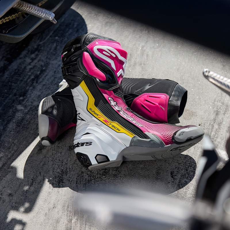 Alpinestars Supertech R motoros csizma fekete-fehér-rózsaszín-sárga