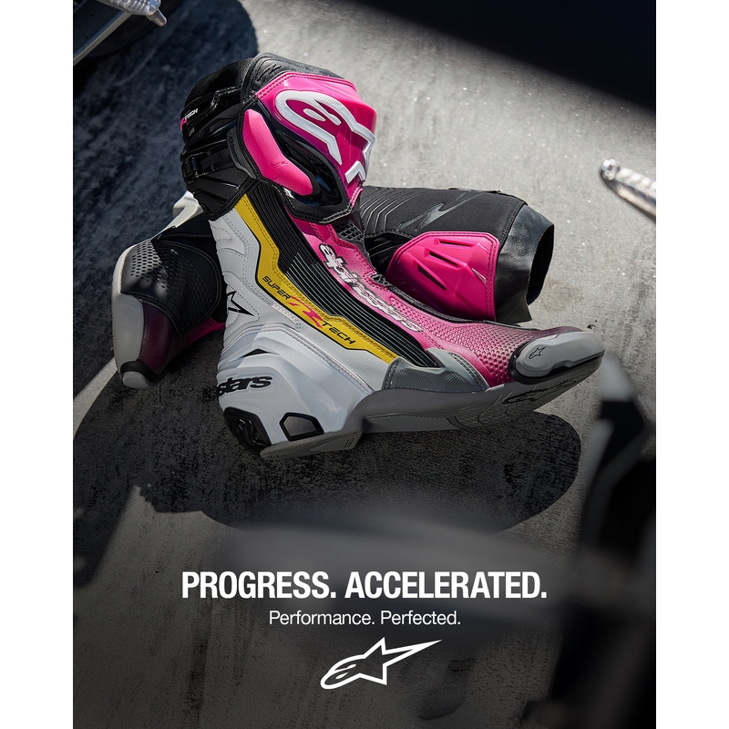 Alpinestars Supertech R motoros csizma fekete-fehér-rózsaszín-sárga