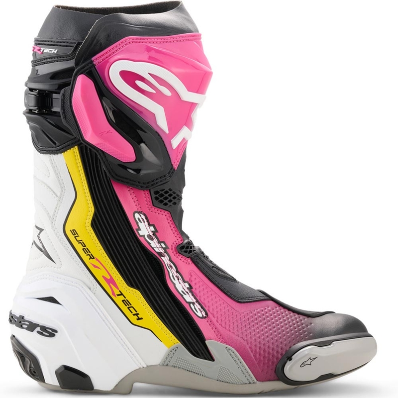 Alpinestars Supertech R motoros csizma fekete-fehér-rózsaszín-sárga