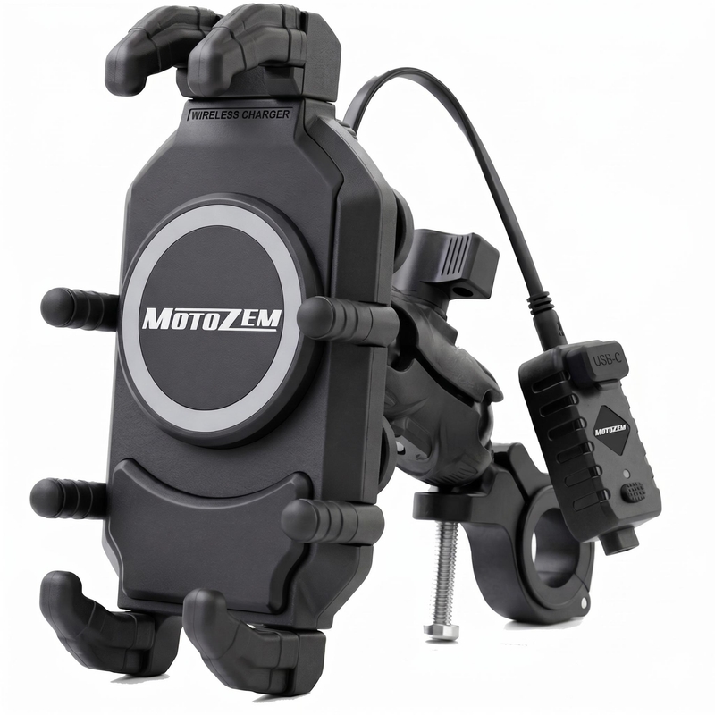 MotoZem Claw PRO rezgéscsillapítós mobiltelefontartó vezeték nélküli töltővel és USB-C csatlakozóval, fekete