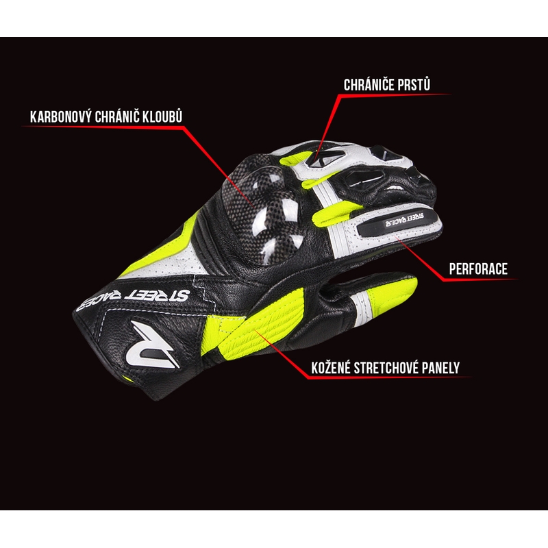 Női motoros kesztyű Street Racer XTR fekete-fehér-neon sárga kiárusítás