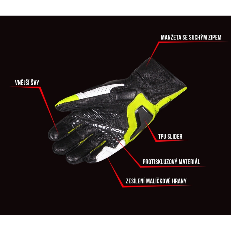 Női motoros kesztyű Street Racer XTR fekete-fehér-neon sárga kiárusítás