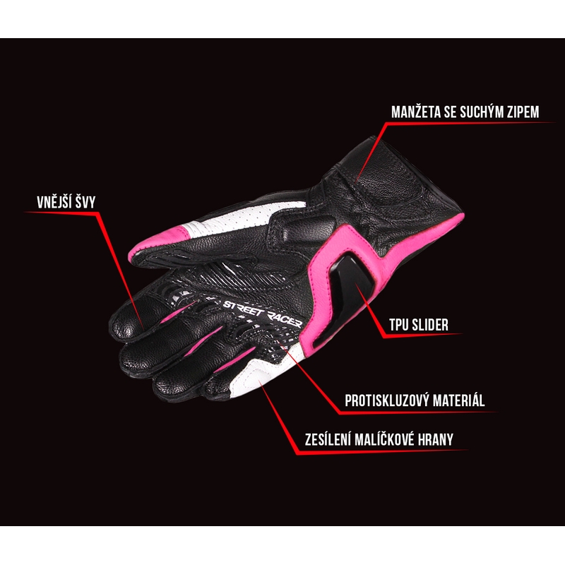 Női motoros kesztyű Street Racer XTR fekete-fehér-rózsaszín kiárusítás
