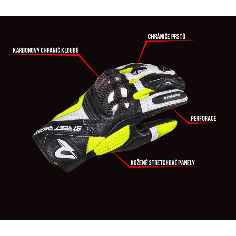 Motoros kesztyű Street Racer XTR fekete-fehér-neon sárga kiárusítás
