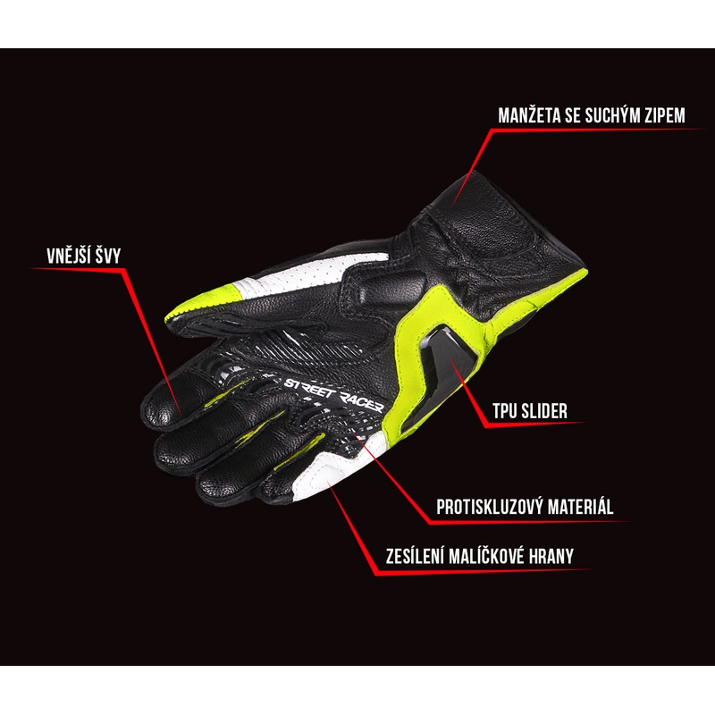 Motoros kesztyű Street Racer XTR fekete-fehér-neon sárga kiárusítás
