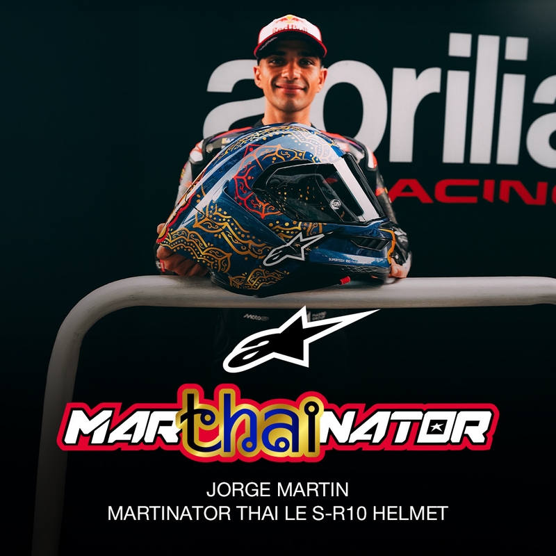 Alpinestars Supertech R10 Marthainator limitált kiadás JORGE MARTIN zárt motoros bukósisak gyöngyházkék-arany-piros