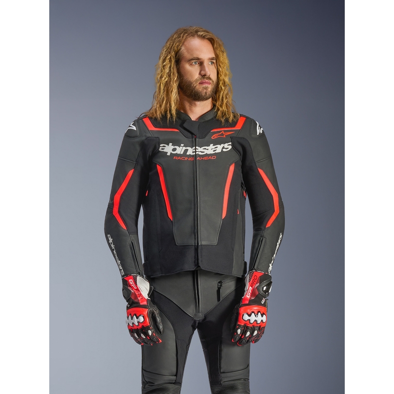 Kožená bunda na motorku Alpinestars GP Force V2 černo-fluo červeno-bílá