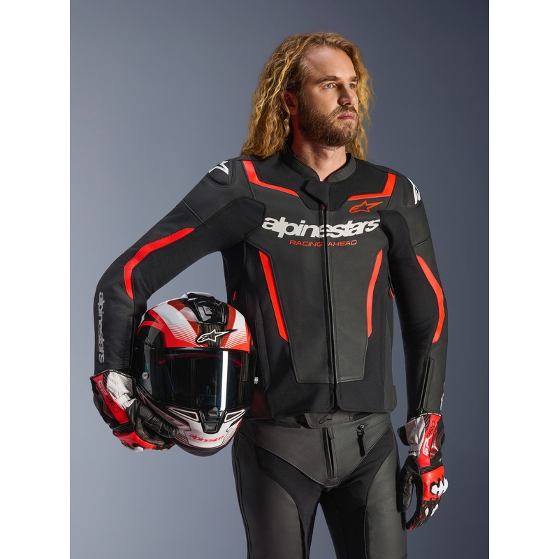 Kožená bunda na motorku Alpinestars GP Force V2 černo-fluo červeno-bílá