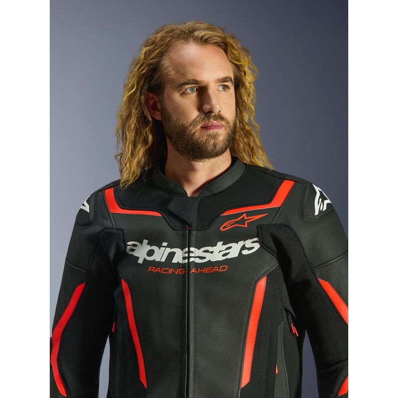 Kožená bunda na motorku Alpinestars GP Force V2 černo-fluo červeno-bílá