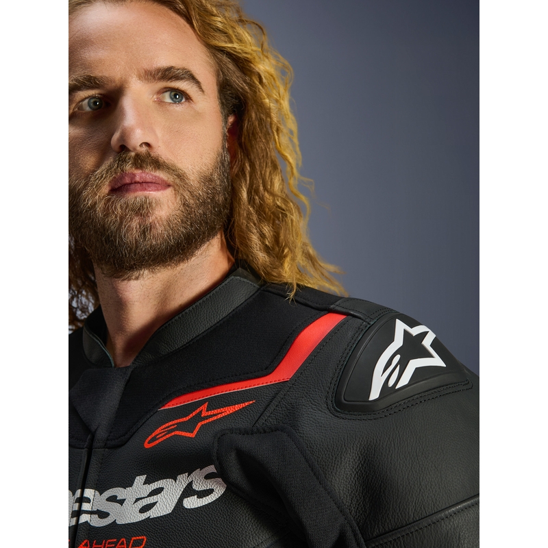Kožená bunda na motorku Alpinestars GP Force V2 černo-fluo červeno-bílá