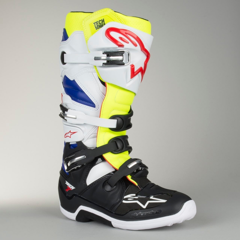 Alpinestars Tech 7 kerékpáros csizma fehér-fekete-kék-piros-fluo sárga