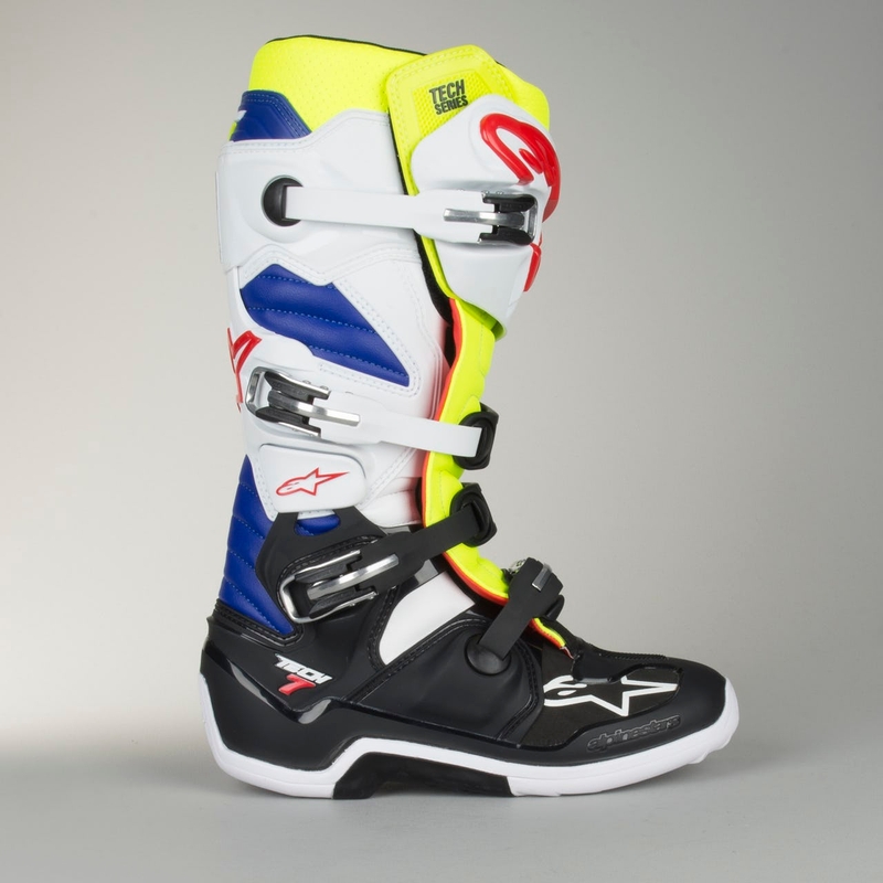 Alpinestars Tech 7 kerékpáros csizma fehér-fekete-kék-piros-fluo sárga