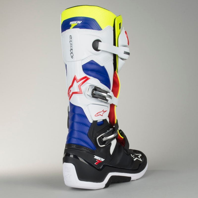Alpinestars Tech 7 kerékpáros csizma fehér-fekete-kék-piros-fluo sárga