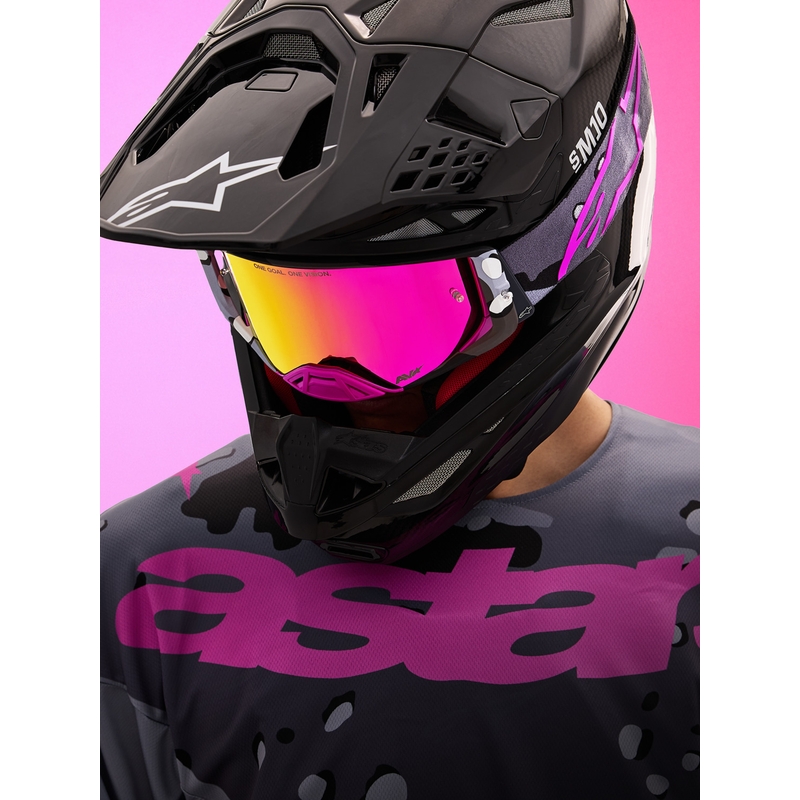 Motokrosové brýle Alpinestars Supertech Lone fialové camo se zrcadlově růžovým plexi