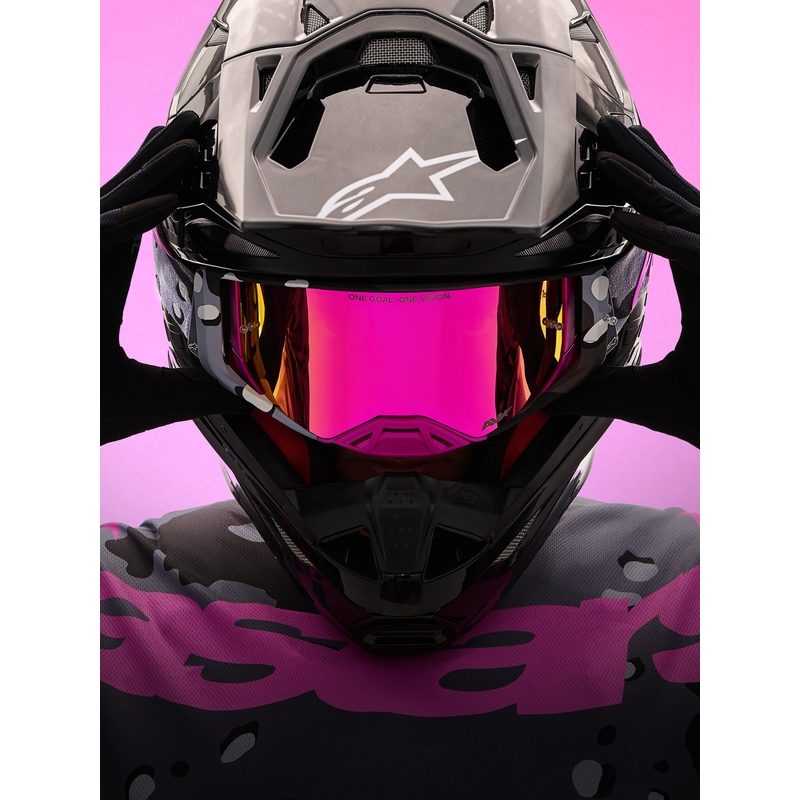 Motokrosové brýle Alpinestars Supertech Lone fialové camo se zrcadlově růžovým plexi