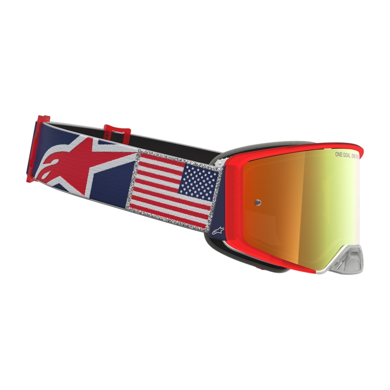 Motokrosové brýle Alpinestars Supertech Fiftyfold modro-červeno-bílé se zrcadlovým červeným plexi