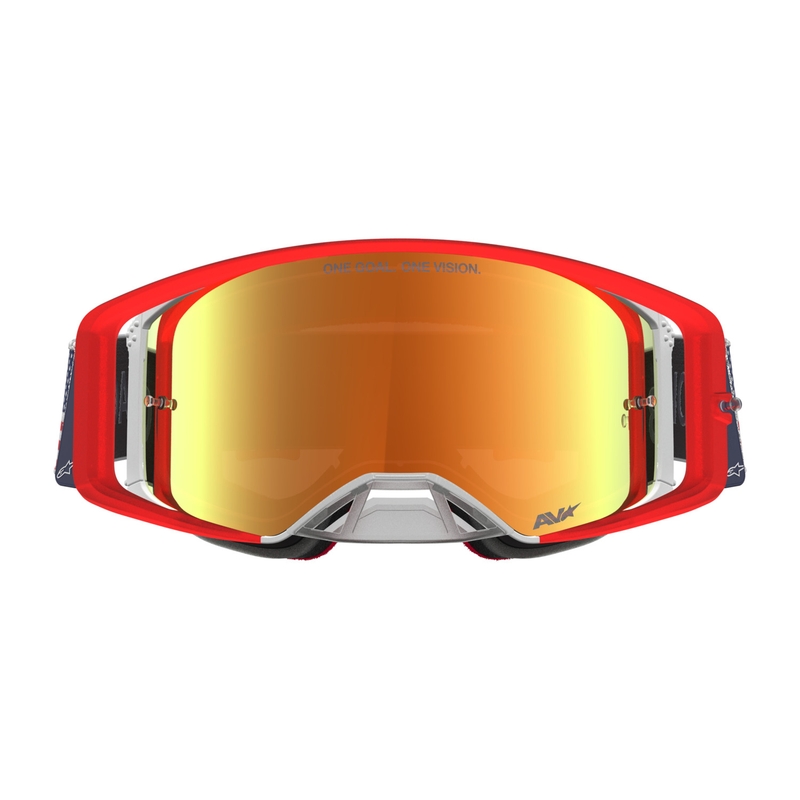 Motokrosové brýle Alpinestars Supertech Fiftyfold modro-červeno-bílé se zrcadlovým červeným plexi