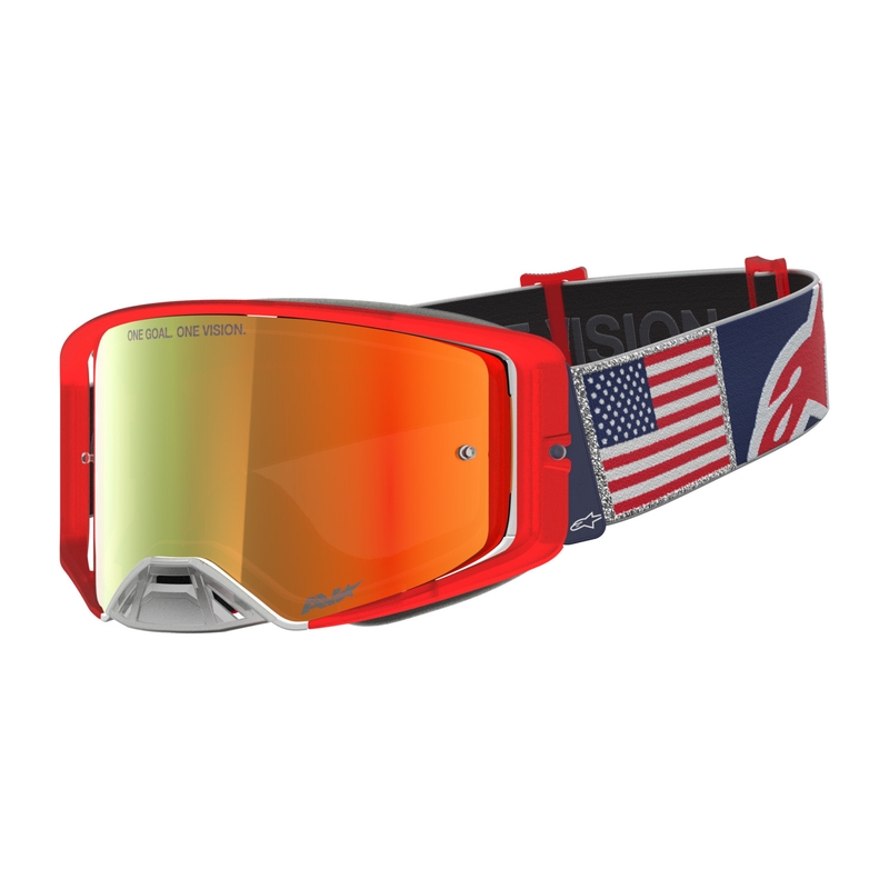 Motokrosové brýle Alpinestars Supertech Fiftyfold modro-červeno-bílé se zrcadlovým červeným plexi