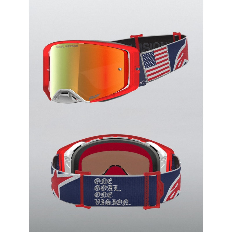 Motokrosové brýle Alpinestars Supertech Fiftyfold modro-červeno-bílé se zrcadlovým červeným plexi
