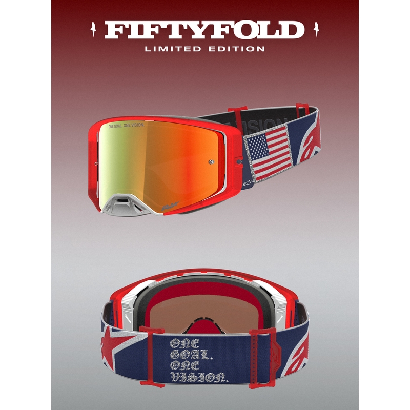 Motokrosové brýle Alpinestars Supertech Fiftyfold modro-červeno-bílé se zrcadlovým červeným plexi