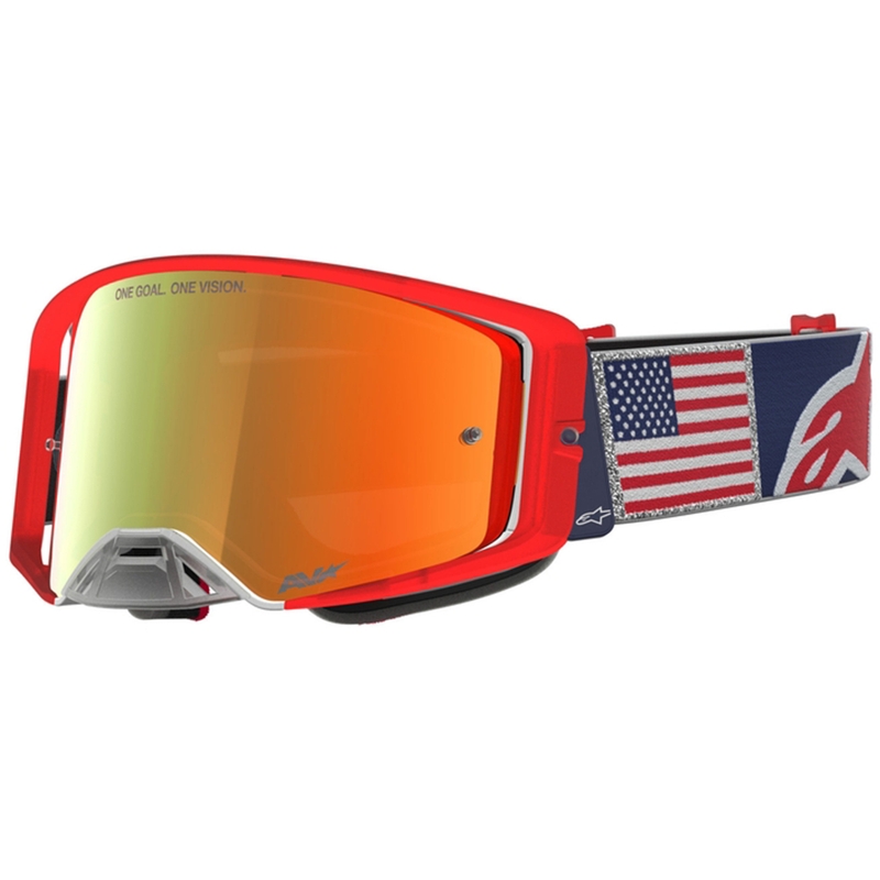 Motokrosové brýle Alpinestars Supertech Fiftyfold modro-červeno-bílé se zrcadlovým červeným plexi