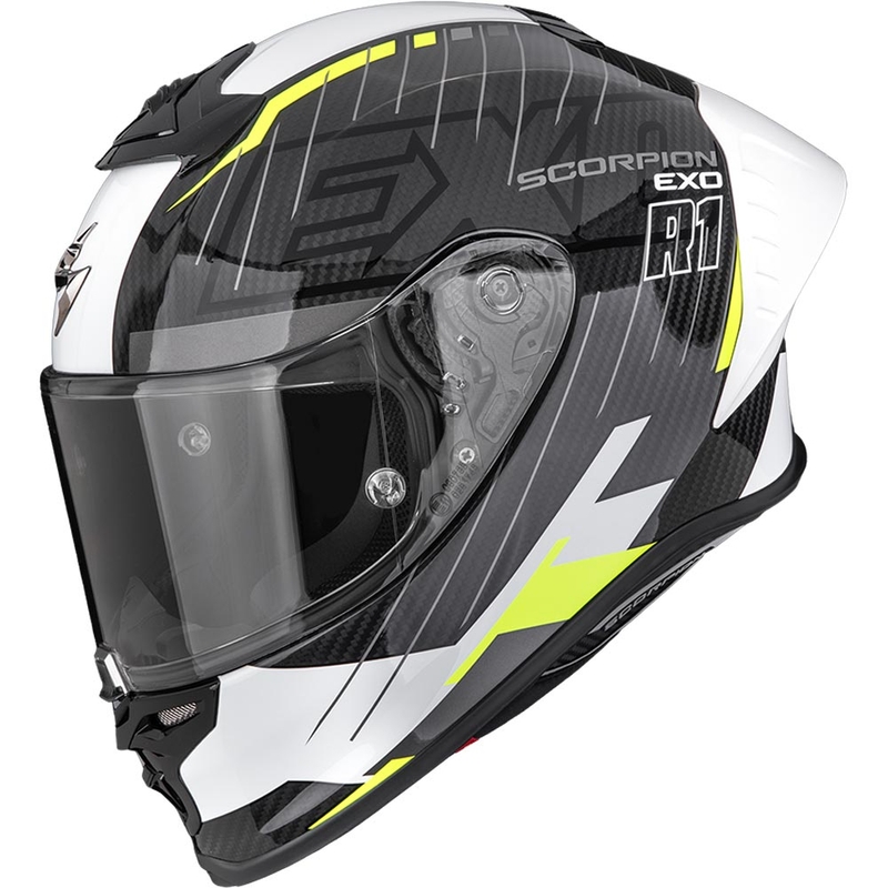 Scorpion EXO-R1 EVO II Air Surge zárt motoros bukósisak fekete-fehér-fluo sárga