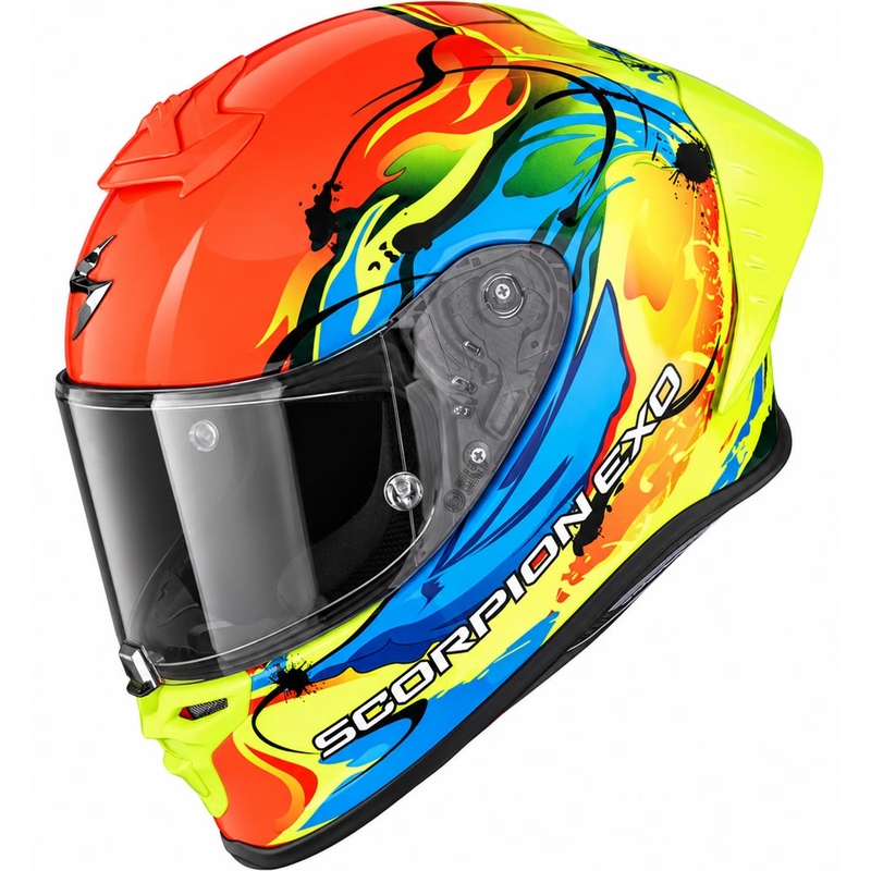 Integrální helma na motorku Scorpion EXO-R1 EVO II Air Thrust fluo červeno-modro-žlutá