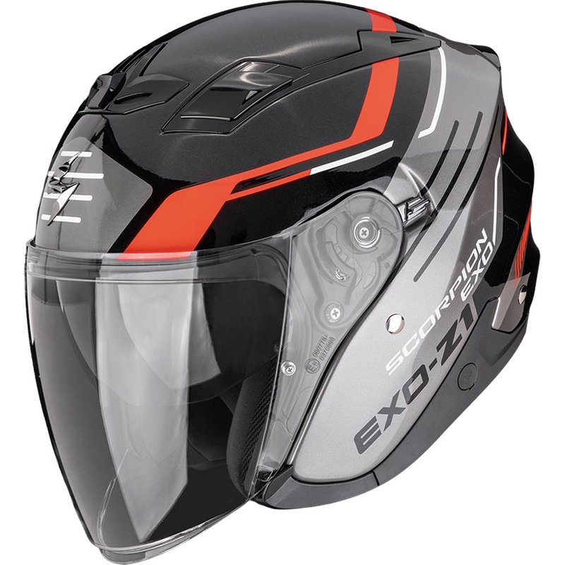Otevřená helma na motorku Scorpion EXO-Z1 Prymus černo-stříbrno-červená