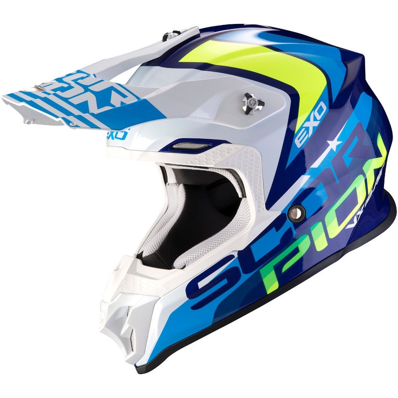 Motocross sisak Scorpion VX-16 Air Nation kék-fehér-fluo sárga eladó kiárusítás