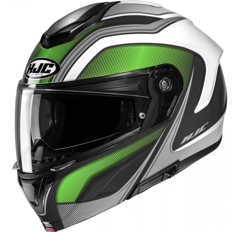 Výklopná helma na motorku HJC C92 Sirius MC4 černo-bílo-stříbrno-zelená