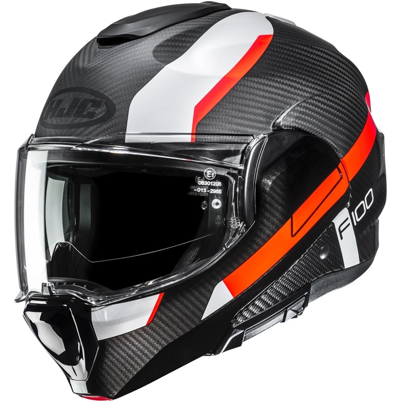 Překlápěcí helma na motorku HJC F100 Carbon Askan MC6HSF černo-oranžovo-bílo-červená