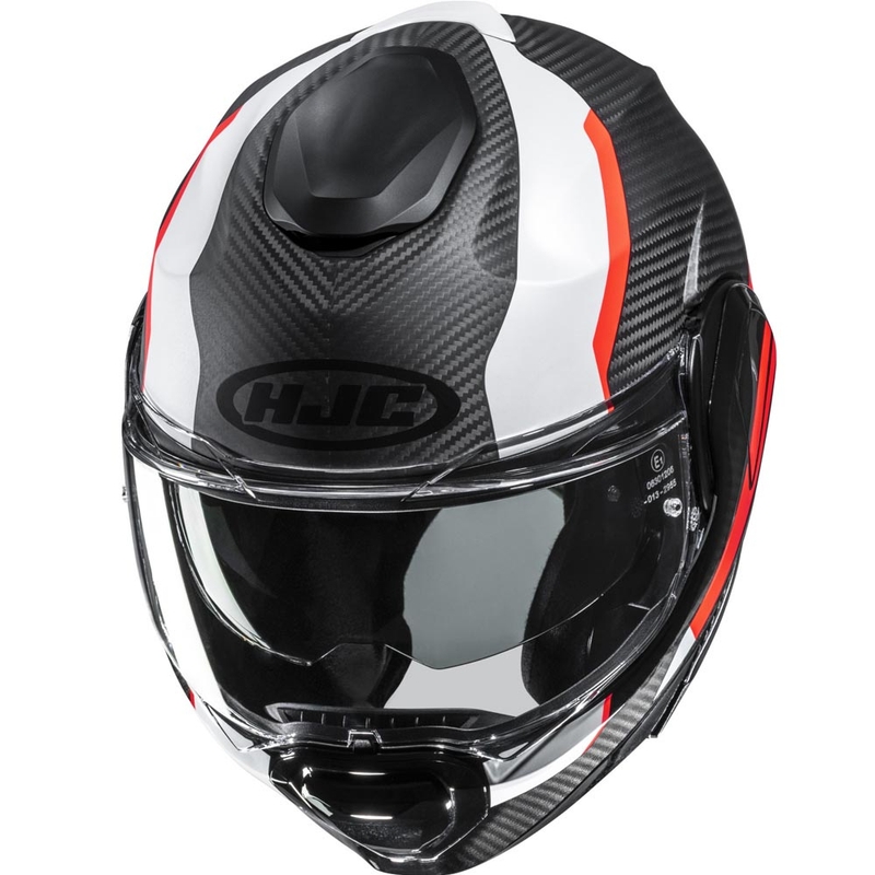 Překlápěcí helma na motorku HJC F100 Carbon Askan MC6HSF černo-oranžovo-bílo-červená